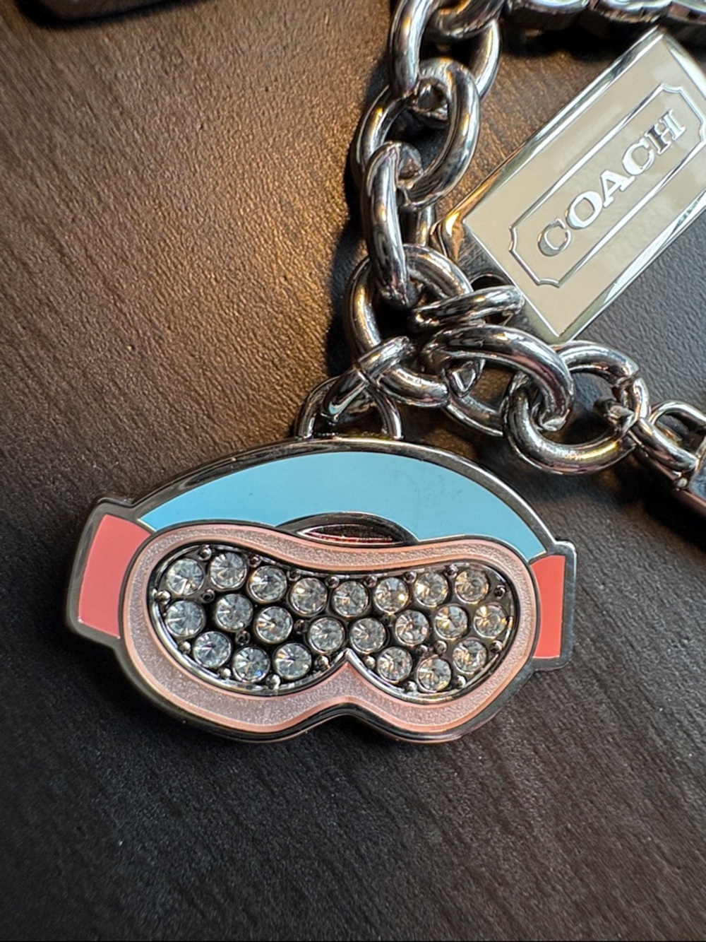 Coach Pink & Light Blue Enamel Ski Charm Keyring with Crystal Accents - Picture 3 of 7